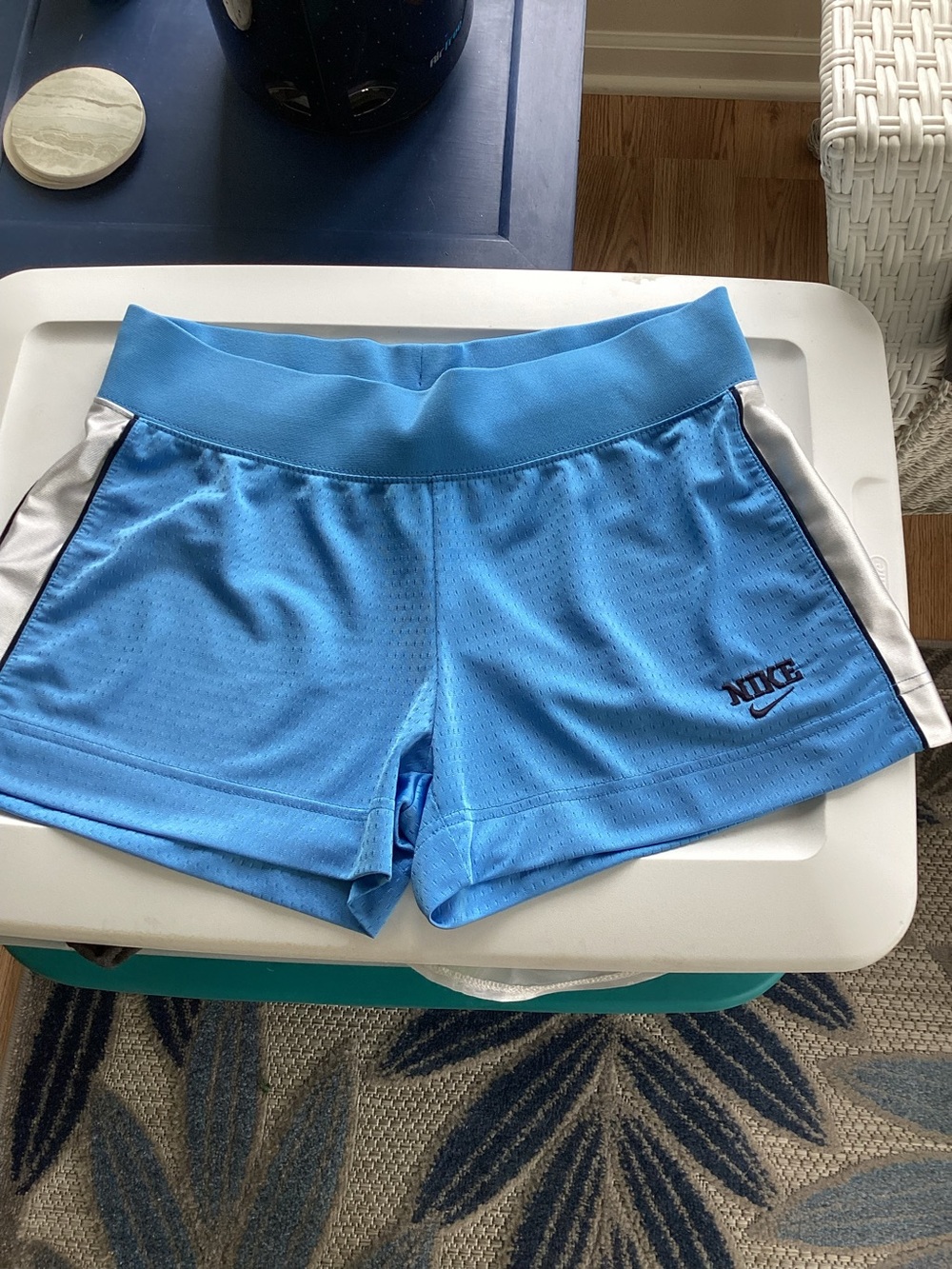 Nike Women's Sky Blue Athletic Shorts with Silver Side Panels